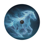 A ghostly, ethereal horse galloping through a dark, mysterious landscape, with a camera obscura or similar device visible in the center of the image.
