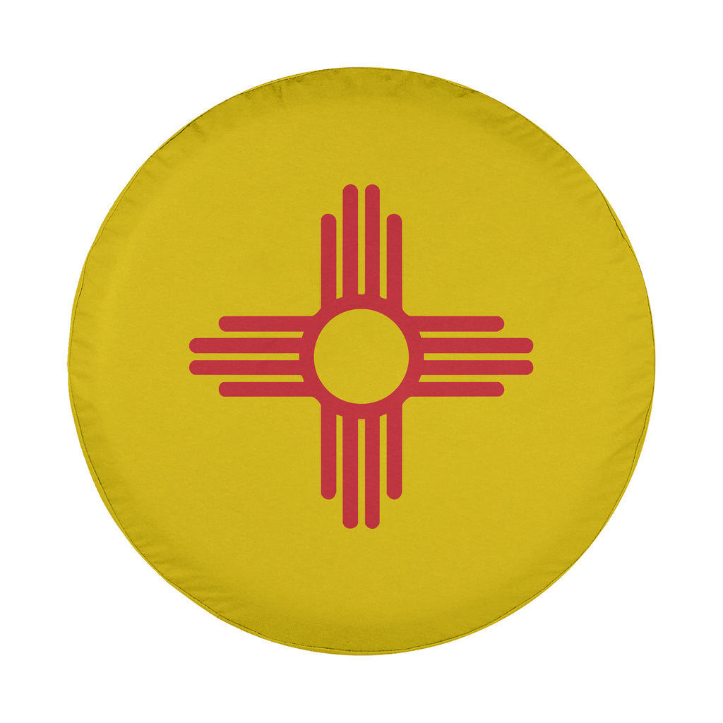 New Mexico State Flag spare tire cover detail showing Zia sun symbol with backup camera cutout