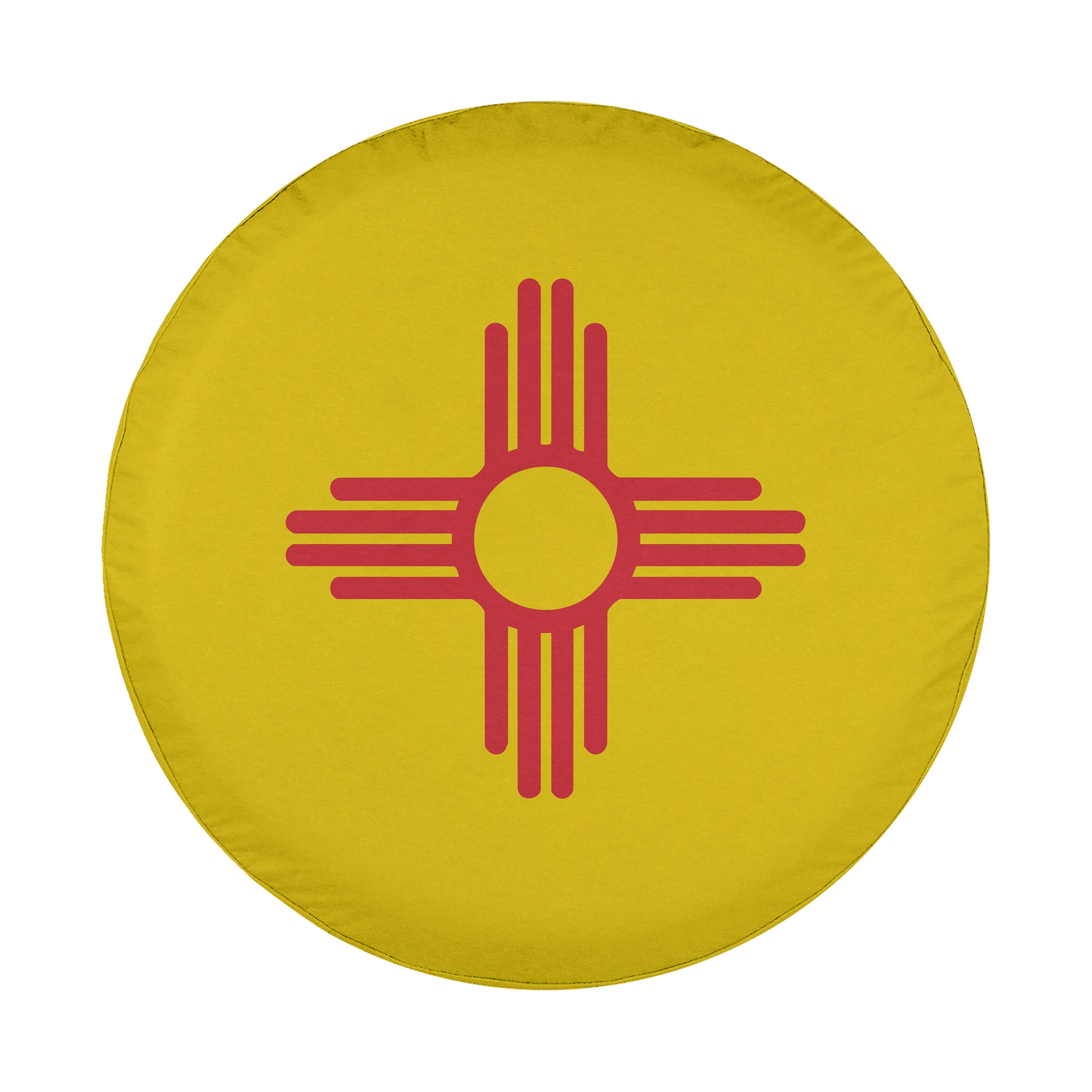 New Mexico State Flag spare tire cover detail showing Zia sun symbol with backup camera cutout