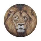 Lion of Judah spare tire cover on red Jeep Wrangler tailgate close shot of regal painted lion face