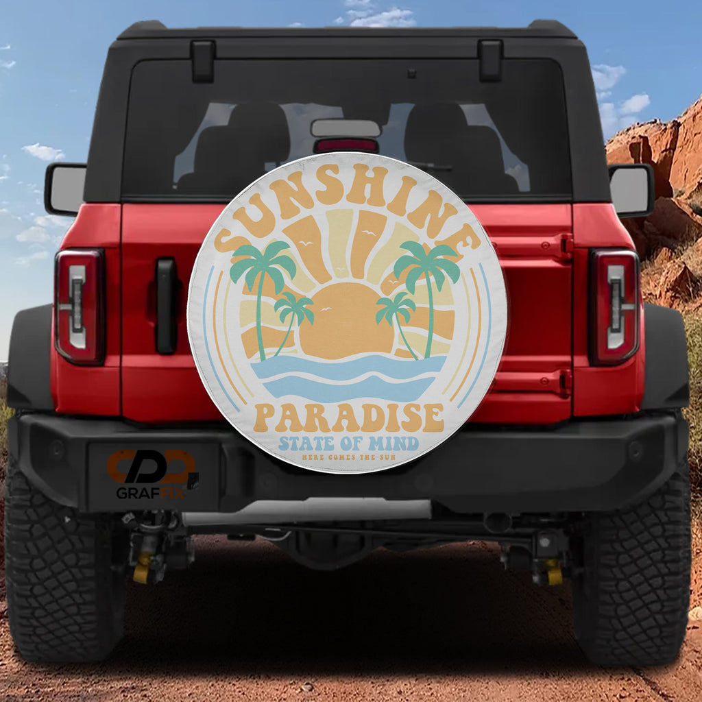 Sunshine Paradise design printed spare tire cover with optional backup camera hole by Graffix