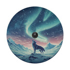 Aurora Wolf spare tire cover flat art with backup camera hole, howling wolf, teal aurora and snowy mountains