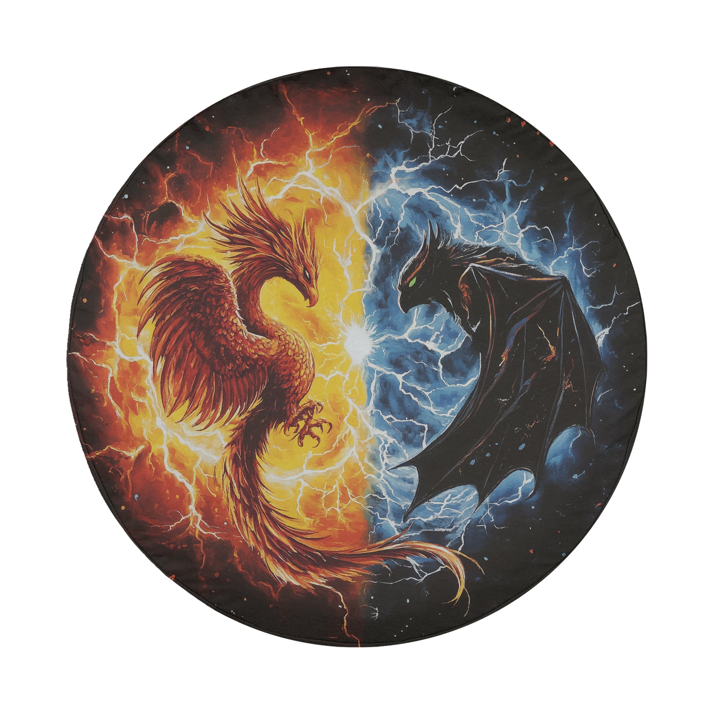 Phoenix vs Shadow Dragon spare tire cover round design with red phoenix opposing dark dragon in lightning