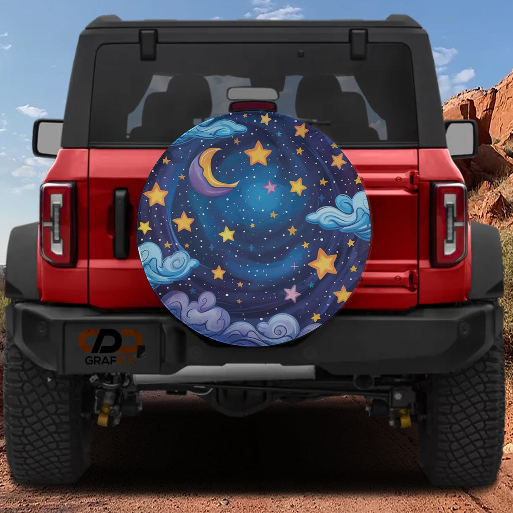 Starry Night Sky tire cover on a red Ford Bronco showing crescent moon stars and pastel clouds artwork