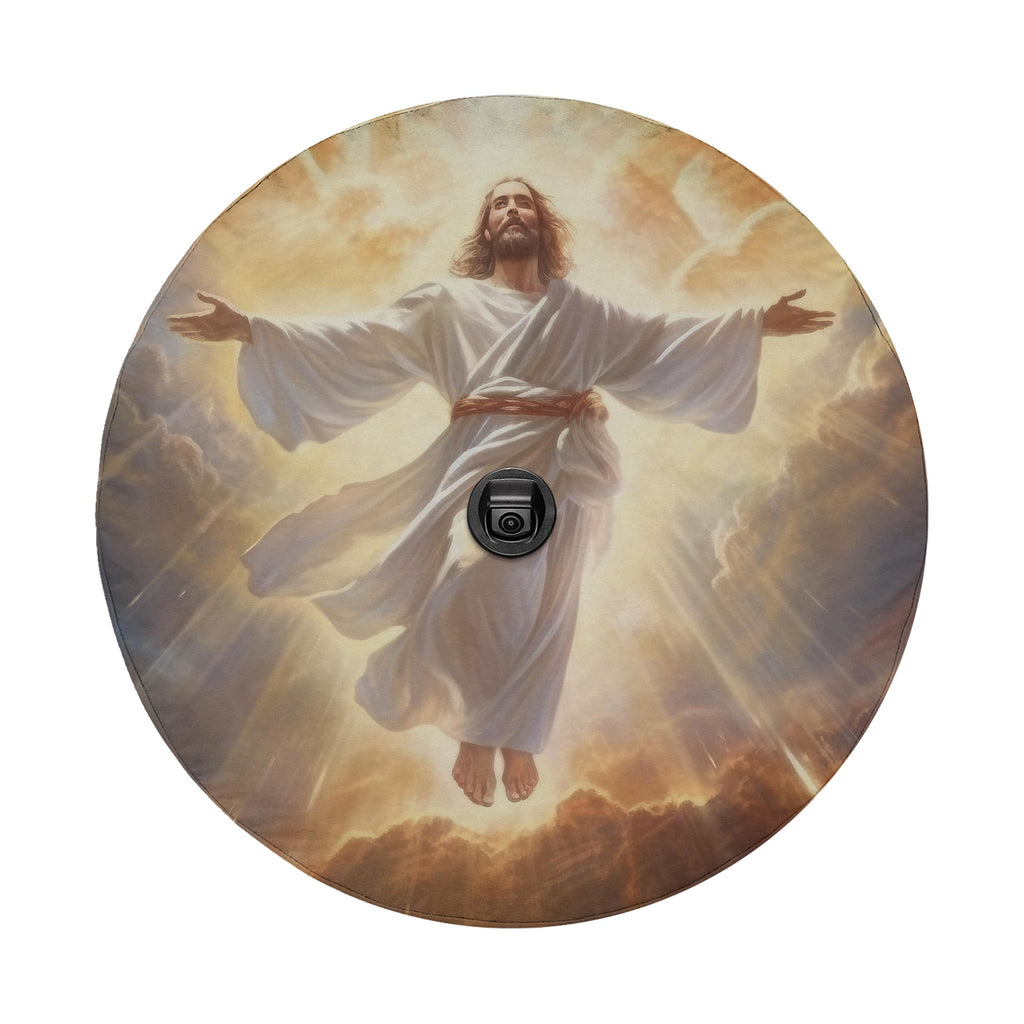 a religious figure, likely Jesus, surrounded by clouds and rays of light, with his arms outstretched.