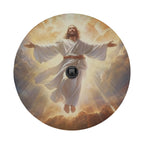 a religious figure, likely Jesus, surrounded by clouds and rays of light, with his arms outstretched.
