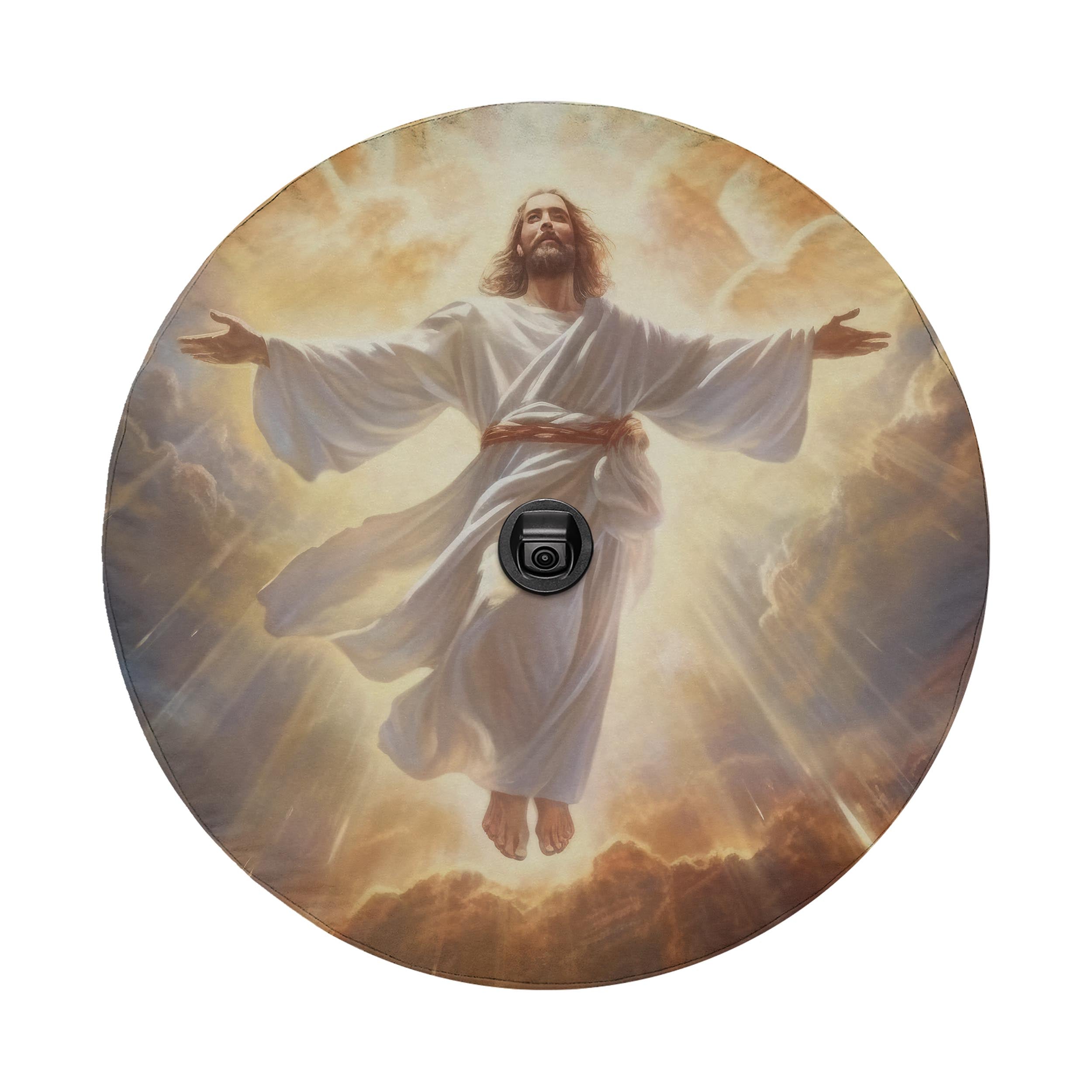 a religious figure, likely Jesus, surrounded by clouds and rays of light, with his arms outstretched.