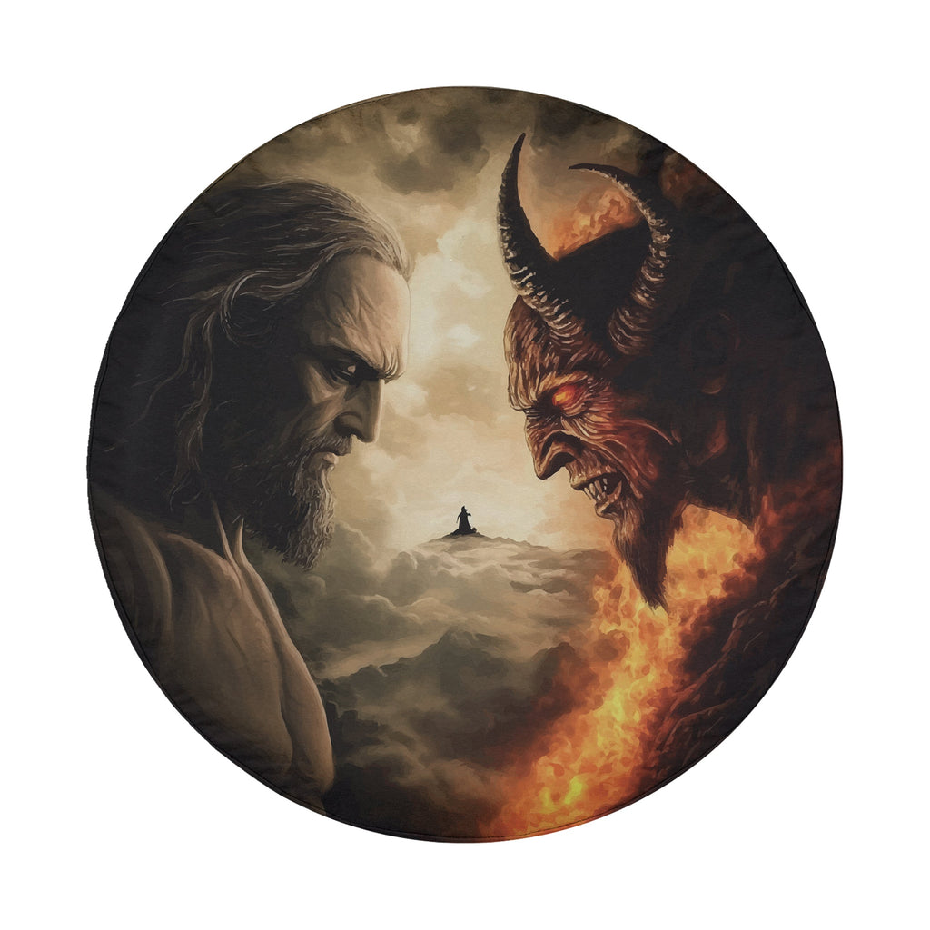 Heaven vs Hell Ultimate Battle spare tire cover round design with God and Devil meeting in clouds