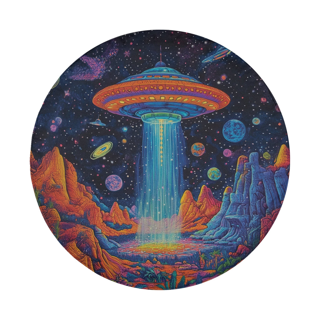 Starport Odyssey UFO spare tire cover round flat product view showing alien planet artwork