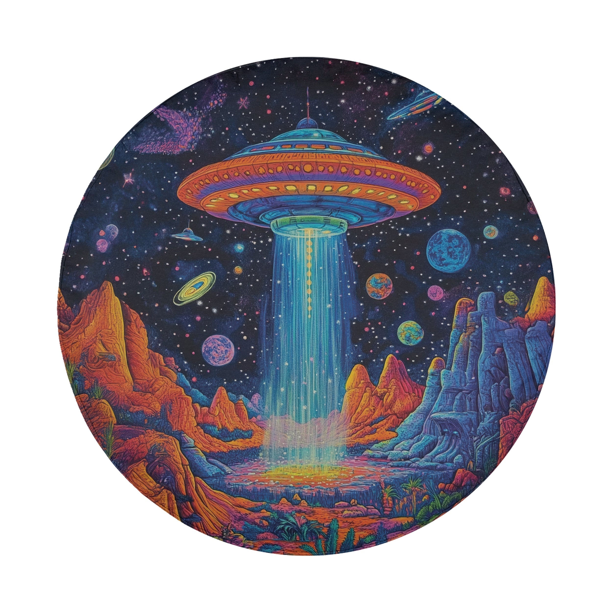 Starport Odyssey UFO spare tire cover round flat product view showing alien planet artwork