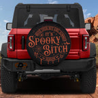 Spooky Bitch Season Halloween tire cover elastic edge and grommet closeup for secure spare fit