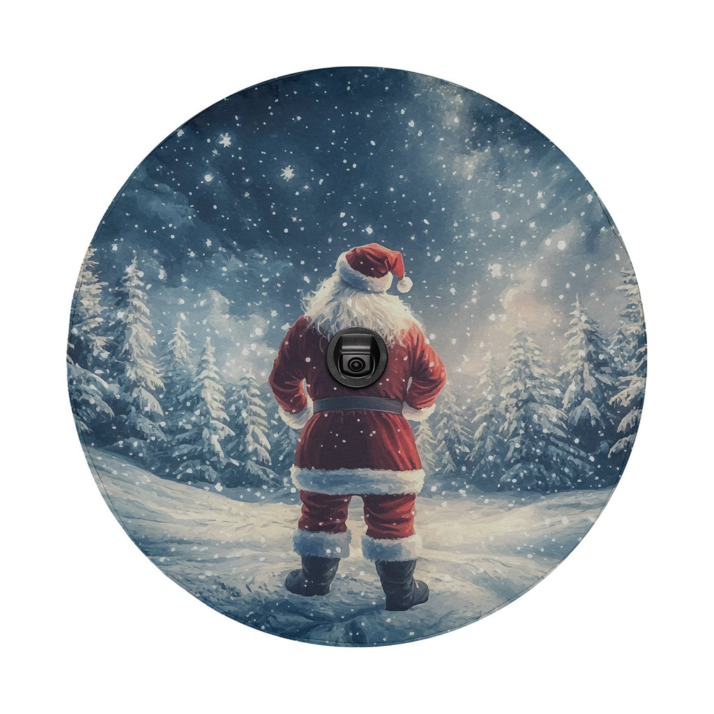 Flat round Santa Claus art for spare tire cover with snowfall pine forest and a serene blue sky