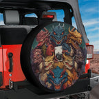 Dragons ace tire cover on a red Jeep Wrangler showing dragon heads around playing cards with camera hole