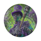The image is a painting of a man wearing a top hat and holding a staff with skull designs.
