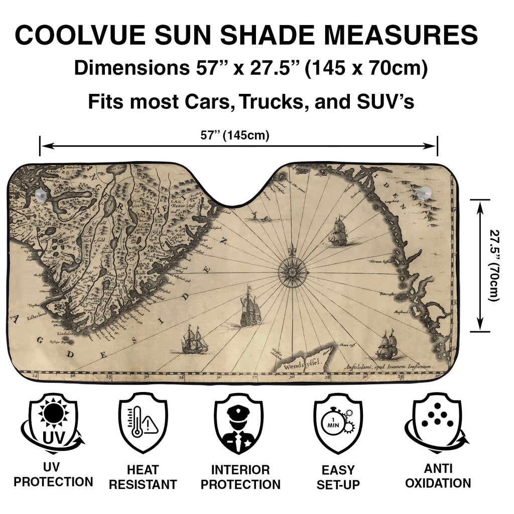 Cartographer Ocean Trail windshield sunshade specs with 57 by 27.5 inch dimensions and UV protection icons