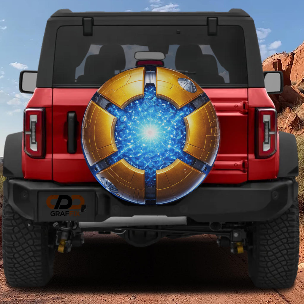 a red Jeep Wrangler with a large, eye-catching wheel cover on the back.