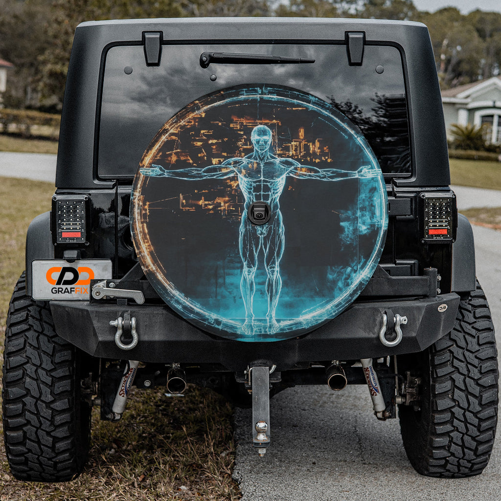 Modern Vitruvian Man blue digital art spare tire cover on black Jeep Wrangler rear
