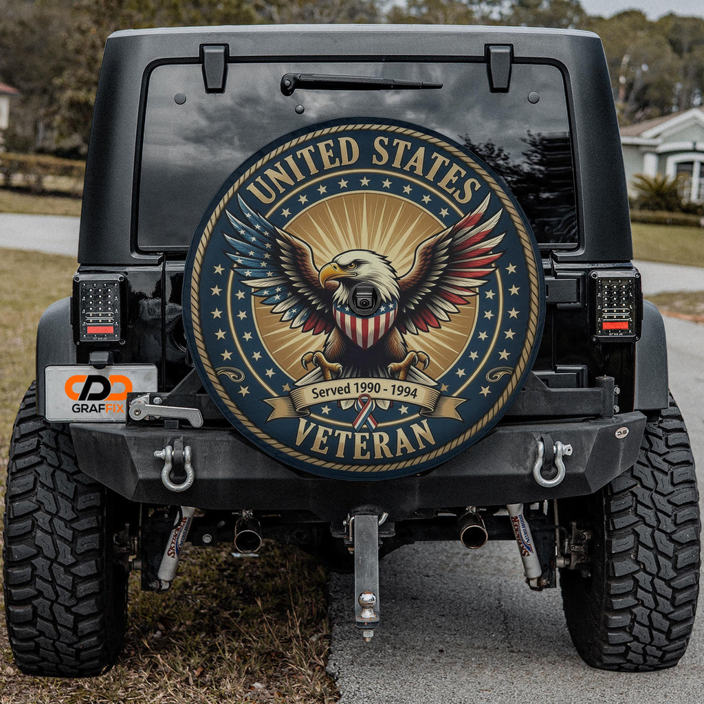 the back of a black jeep with a large, circular decal on the rear window that features an eagle and the text "United States Veteran" and "Serving 1990-1994".