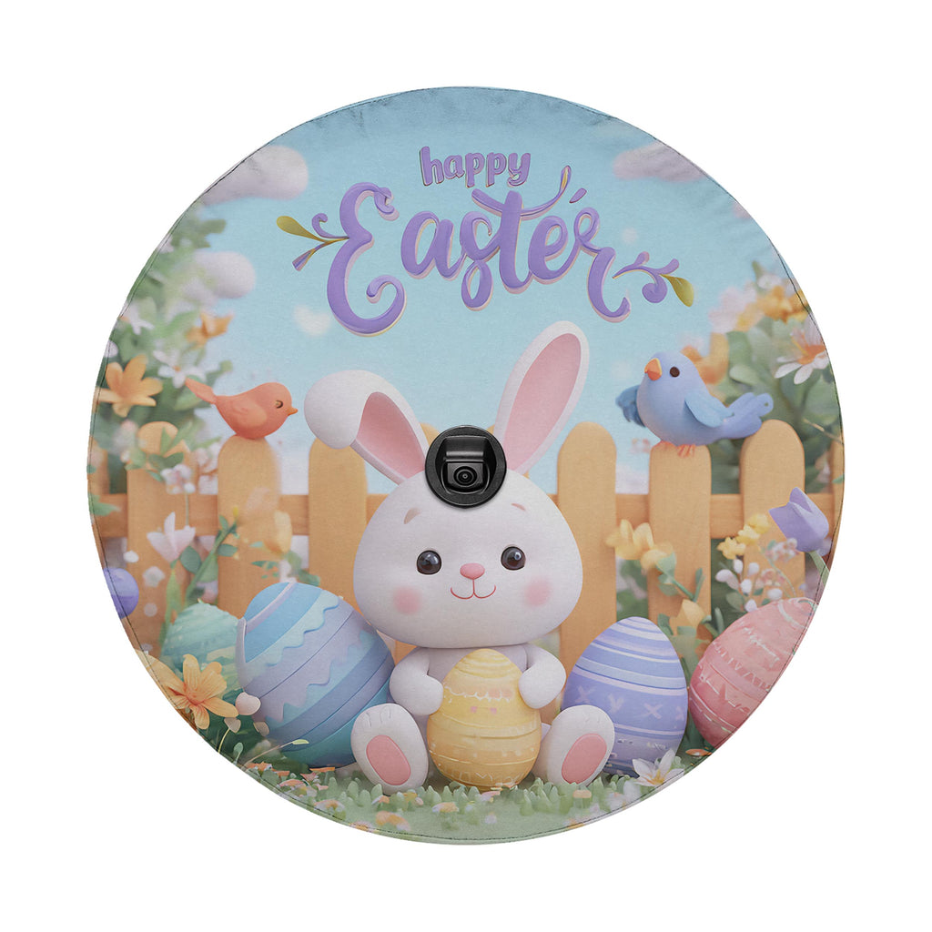 A round, colorful Easter-themed cover with a cartoon bunny holding Easter eggs, surrounded by flowers and birds. The text "Happy Easter" is written above the bunny.