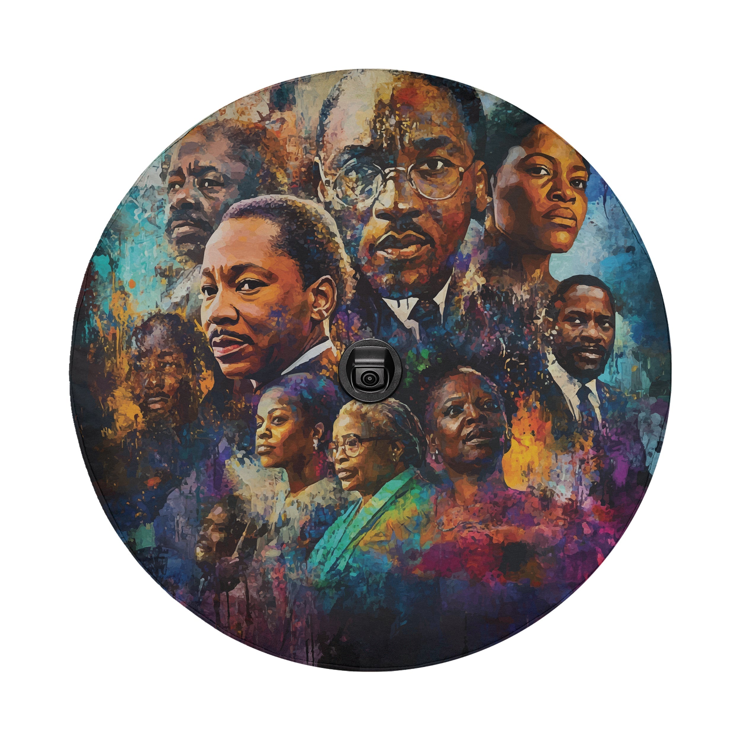 Black History leaders tribute spare tire cover featuring civil rights icons and portraits