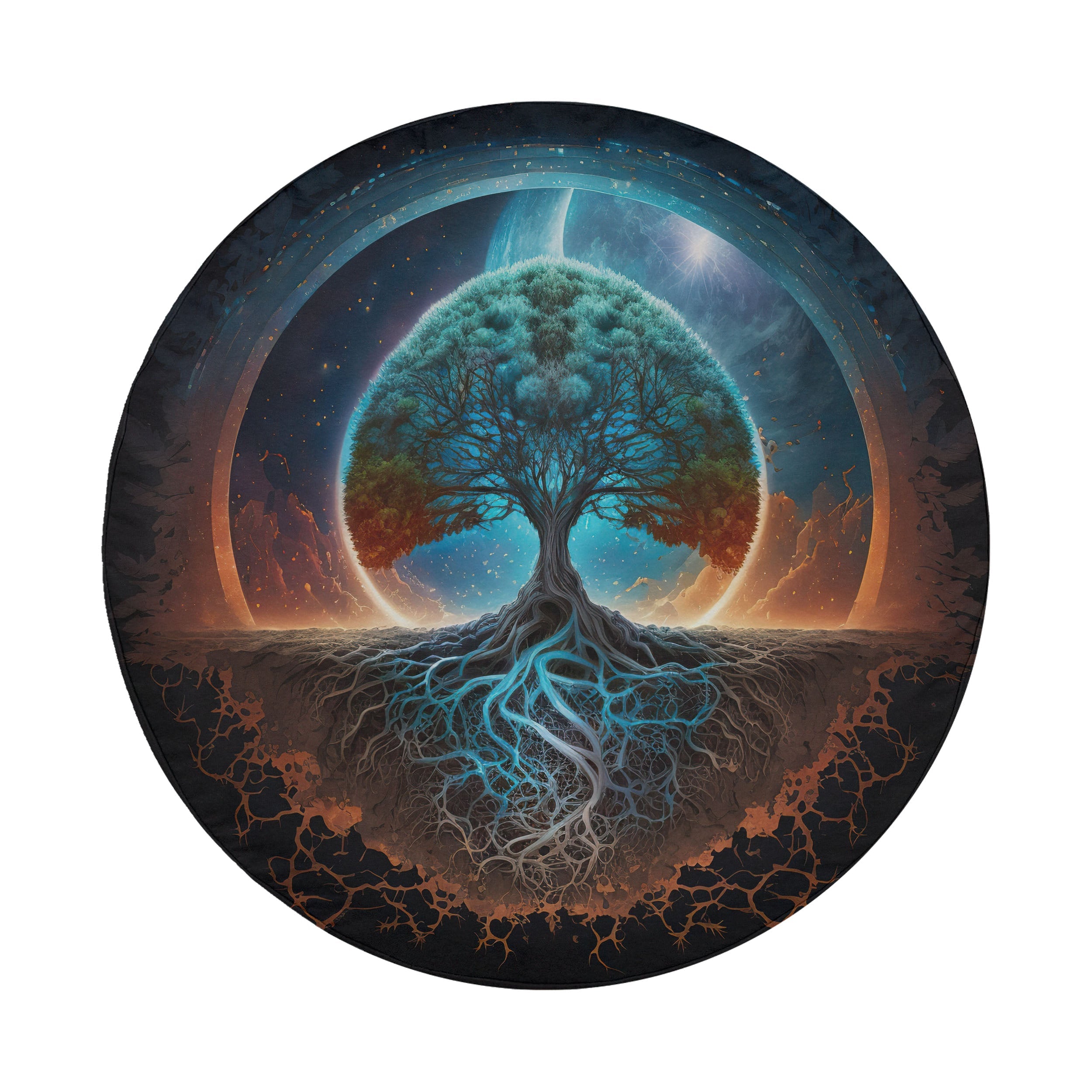 a large tree with a blue and green color scheme, surrounded by a circular frame with a starry night sky and a glowing blue and orange background.