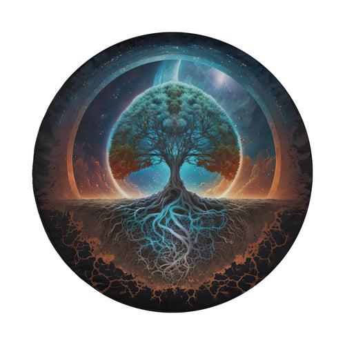 a large tree with a blue and green color scheme, surrounded by a circular frame with a starry night sky and a glowing blue and orange background.