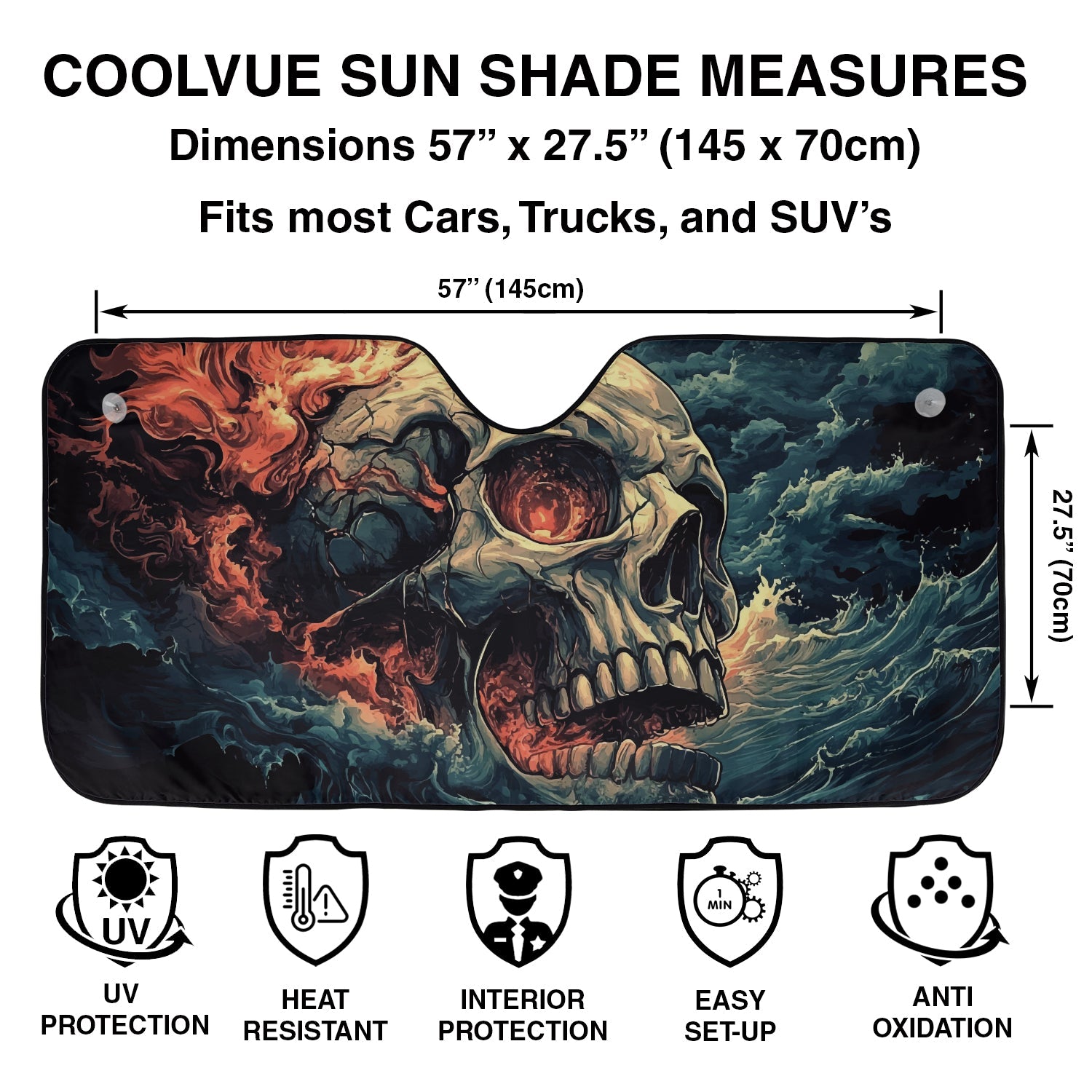 Wave of Damnation accordion windshield sunshade flat view with cracked skull on ocean waves art