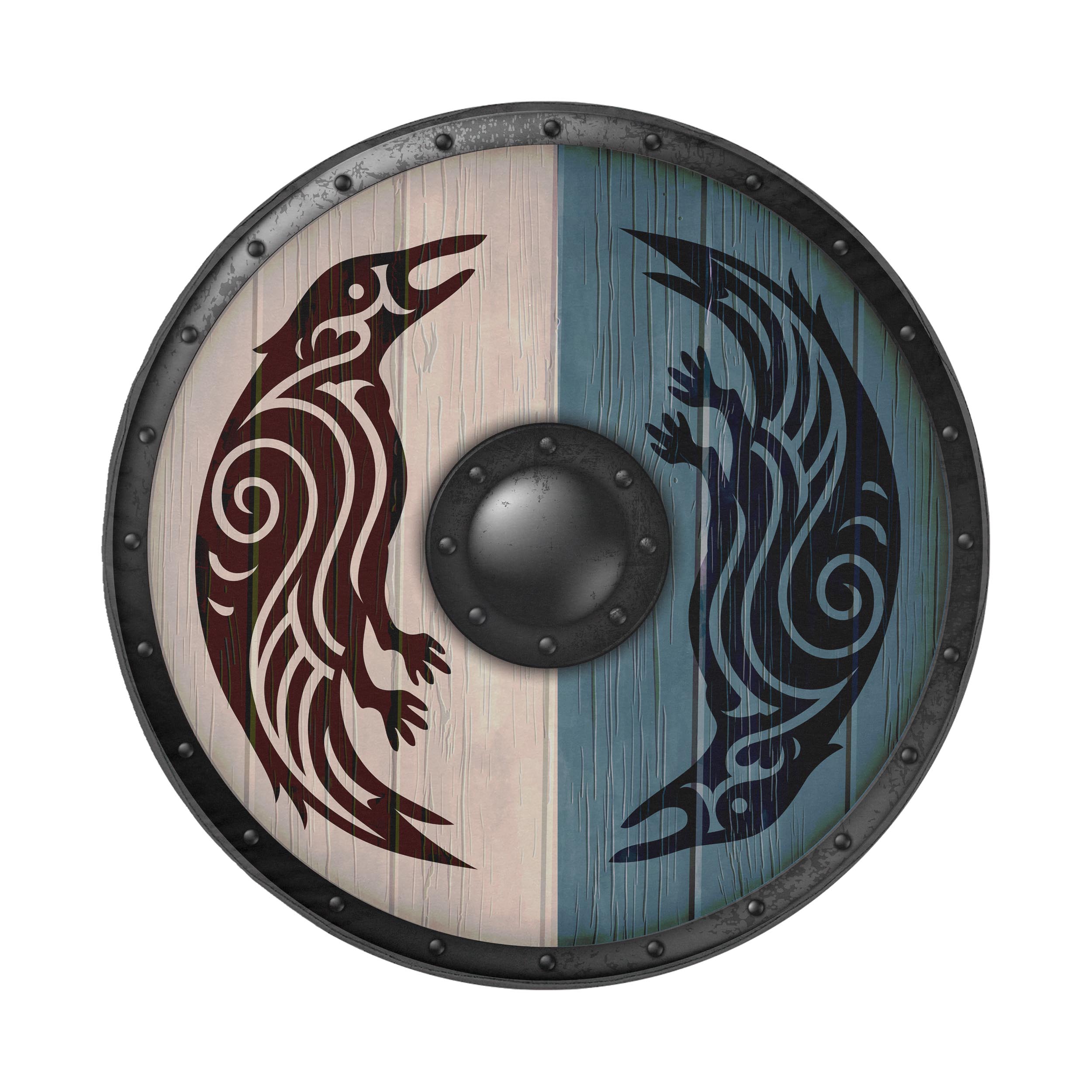 A medieval-style shield with a black and white design, featuring a bird-like creature on each side.