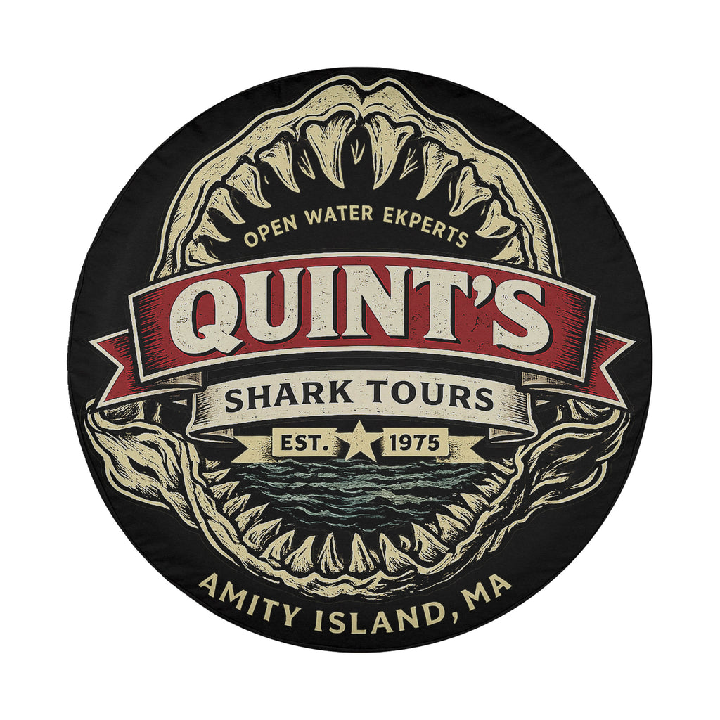a logo for a company called "Quint's Shark Tours" established in 1975. The logo includes a shark's head and teeth, along with the company's name and founding year.