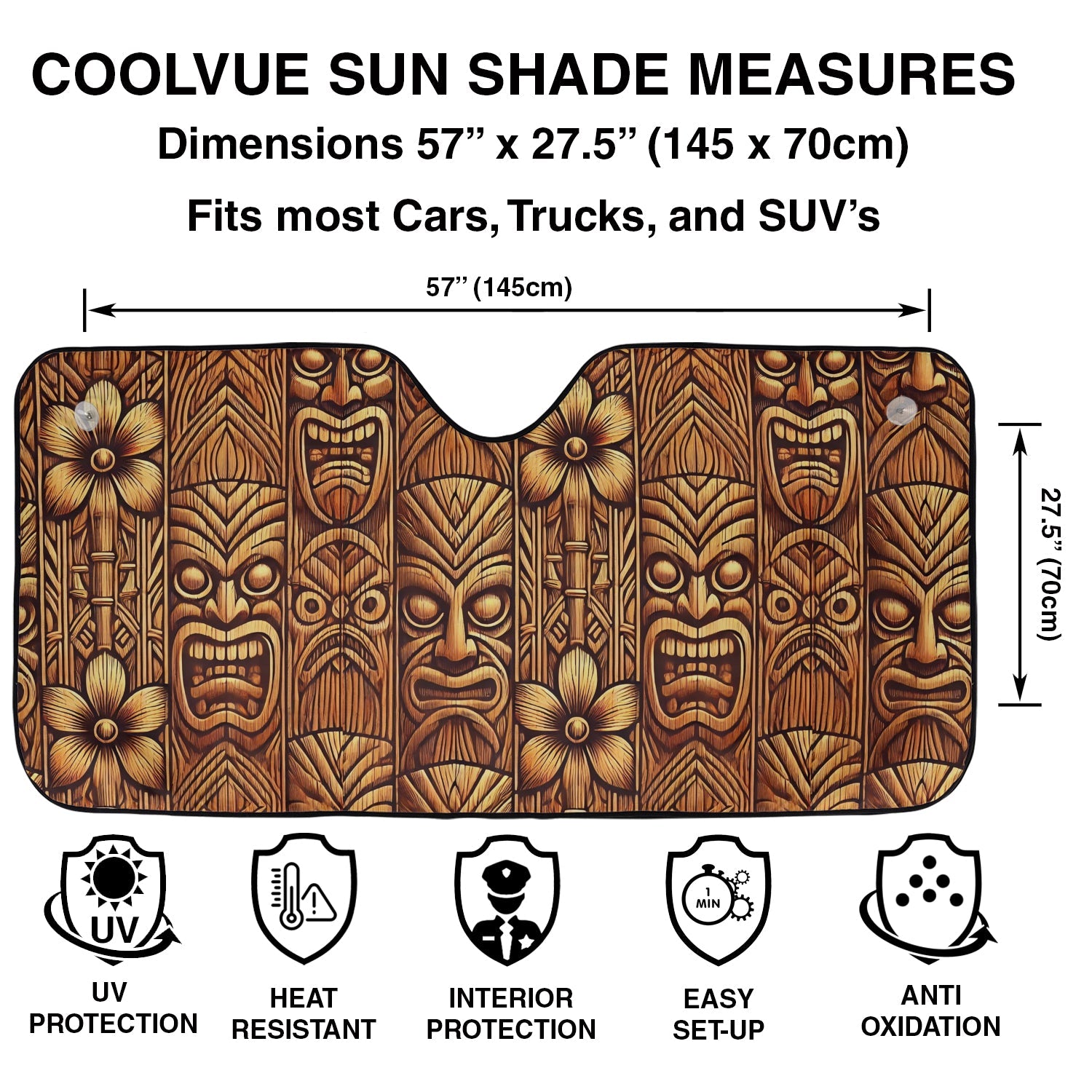 Tribal Tiki woodgrain windshield sunshade with 57 by 27.5 inch dimensions and UV heat resistance icons