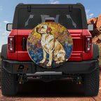 Mosaic golden Labrador stained glass spare tire cover on red Ford Bronco with sitting yellow lab dog