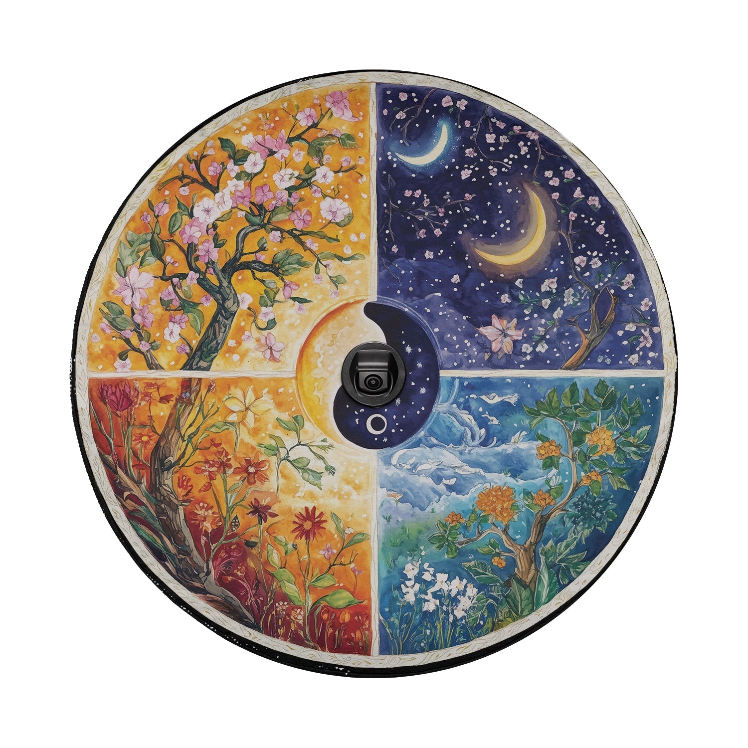 Seasons Change spare tire cover flat view with watercolor blossom tree winter night sun and moon panels