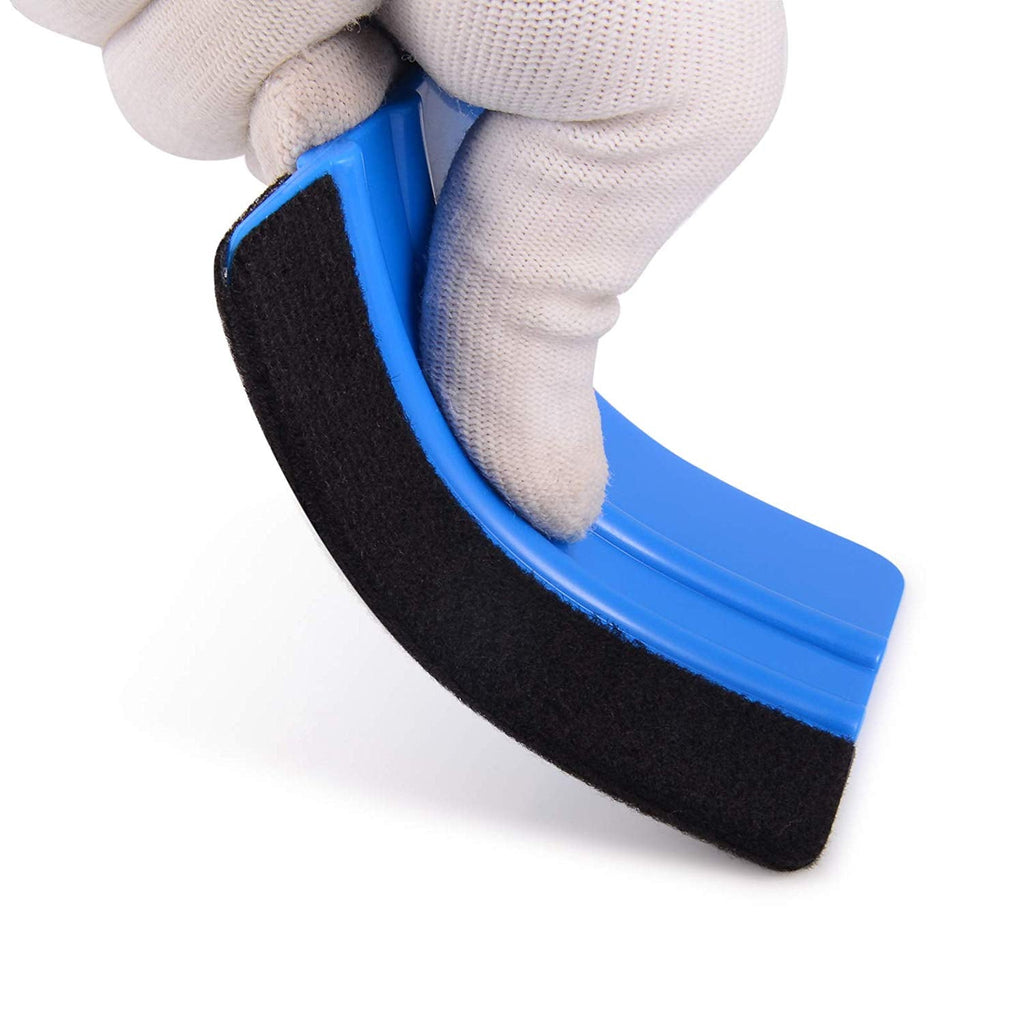 Two blue felt edge squeegees 4 inch decal applicator tools laid out showing front and angled views