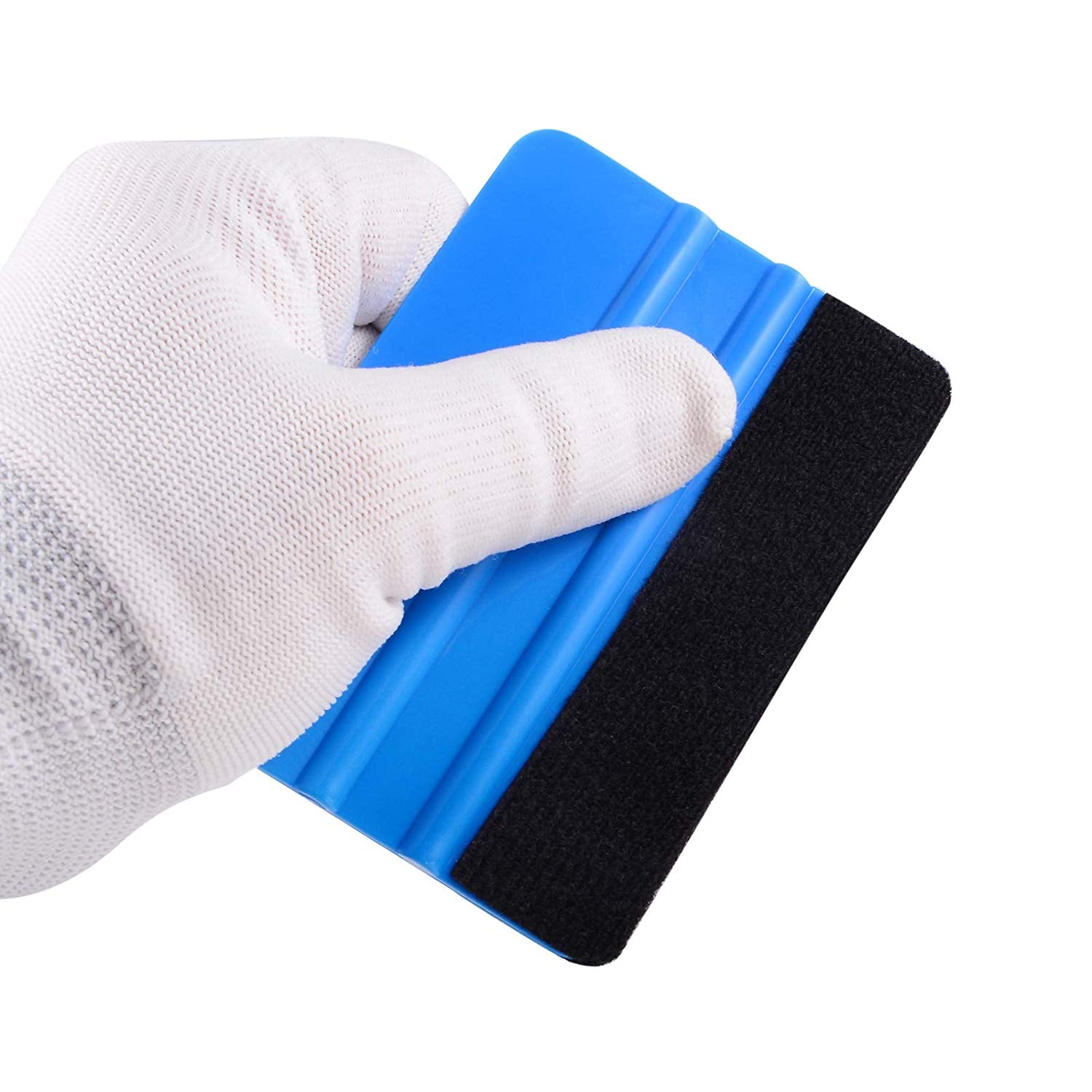 Gloved hand holding blue 4 inch felt edge squeegee decal applicator tool on white background