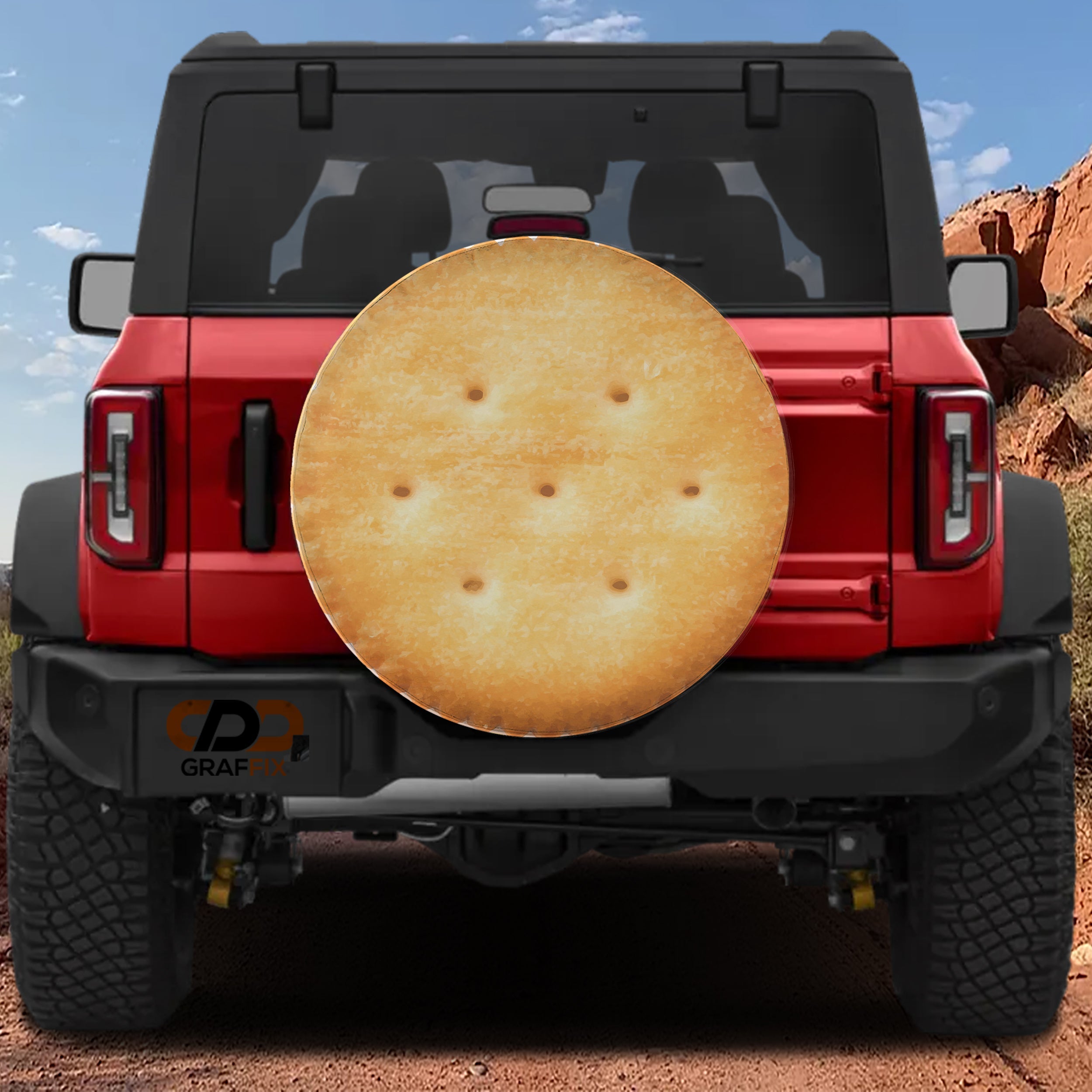 Buttery round cracker stack spare tire cover with stacked golden butter crackers graphic
