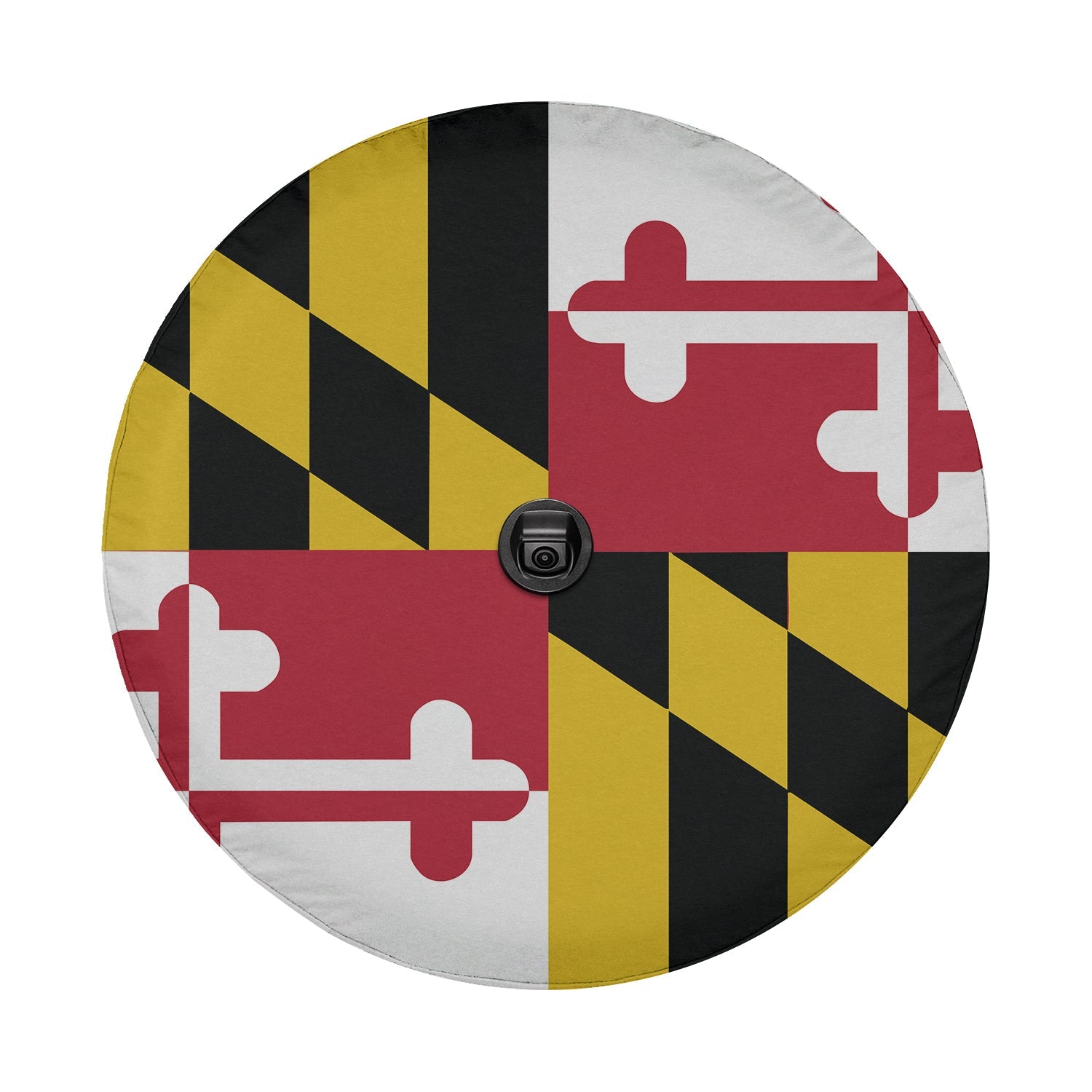 Maryland state flag spare tire cover on black Jeep Wrangler with Graffix plate showing full heraldic design