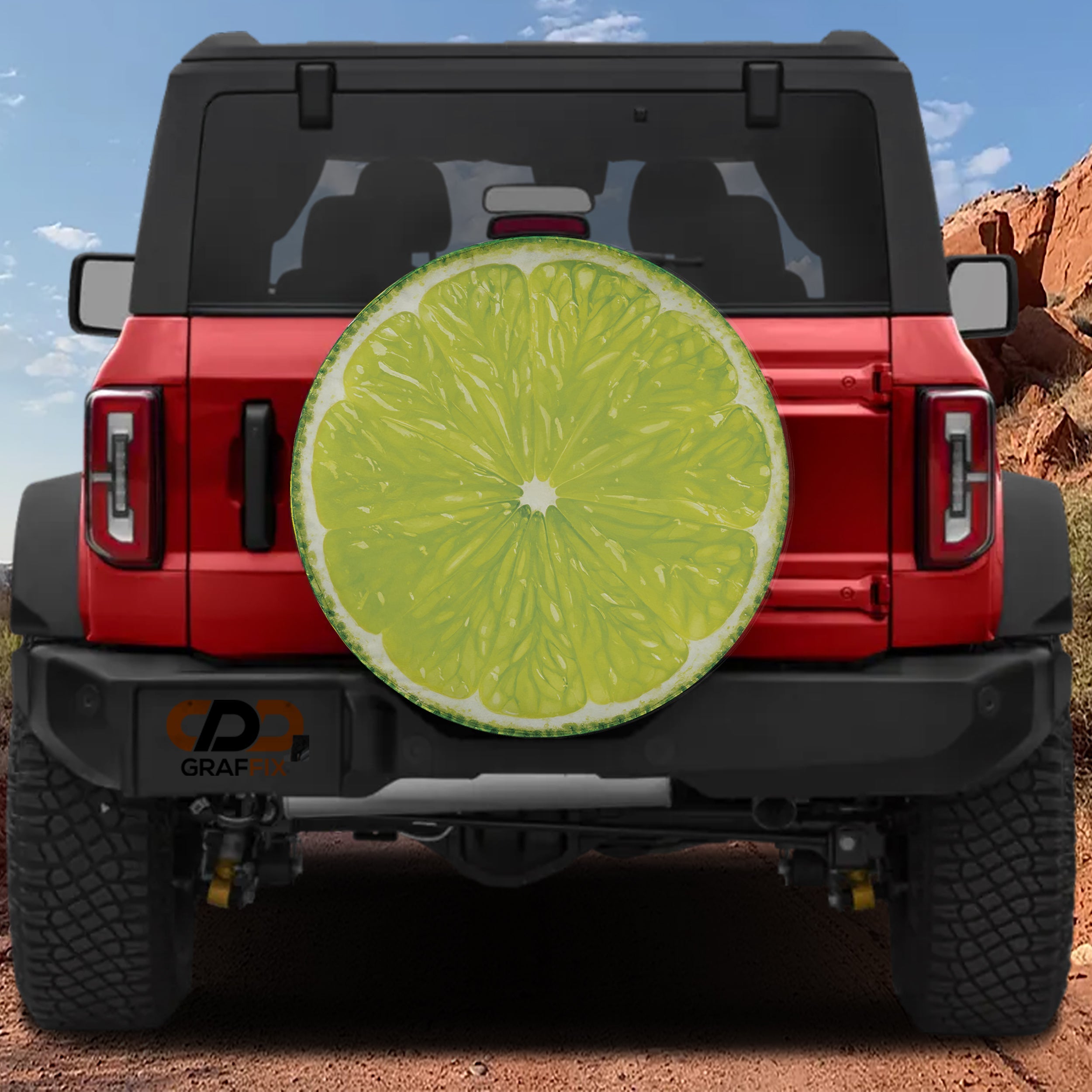 Lime fruit spare tire cover with green citrus slice graphic and zesty sliced lime design