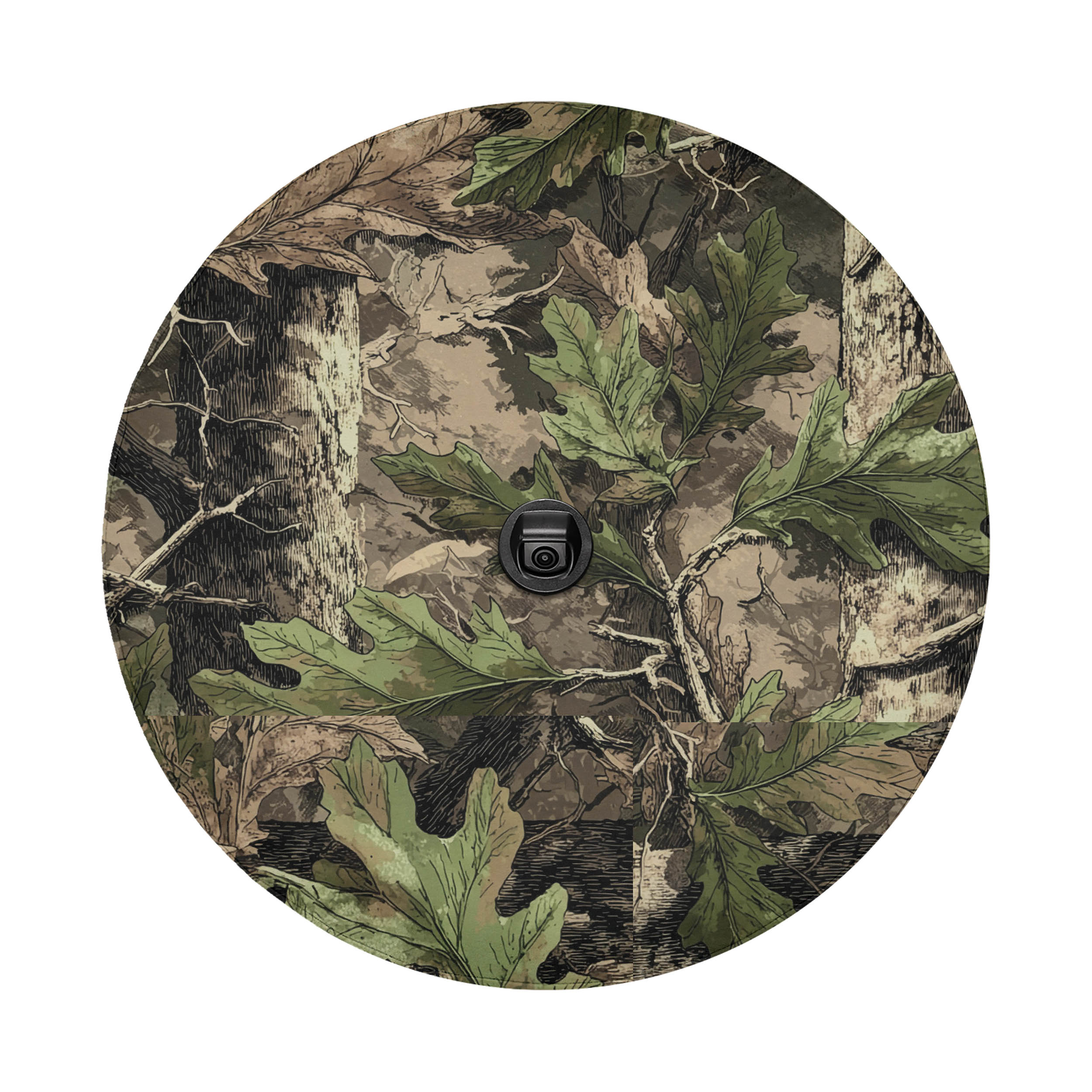 a camouflage pattern with various shades of green and brown leaves and branches, creating a natural and intricate design.