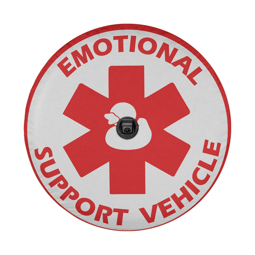 Emotional Support Vehicle rubber ducky red medical star spare tire cover flat front view with text ring