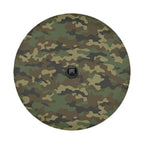 Woodland camouflage tire cover on red Jeep Wrangler with hunting army-style green and tan camo concealment