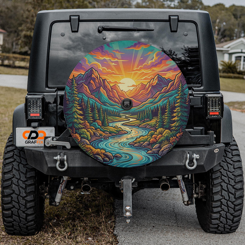 the rear of a black Jeep Wrangler with a colorful, nature-inspired design on the spare tire cover.