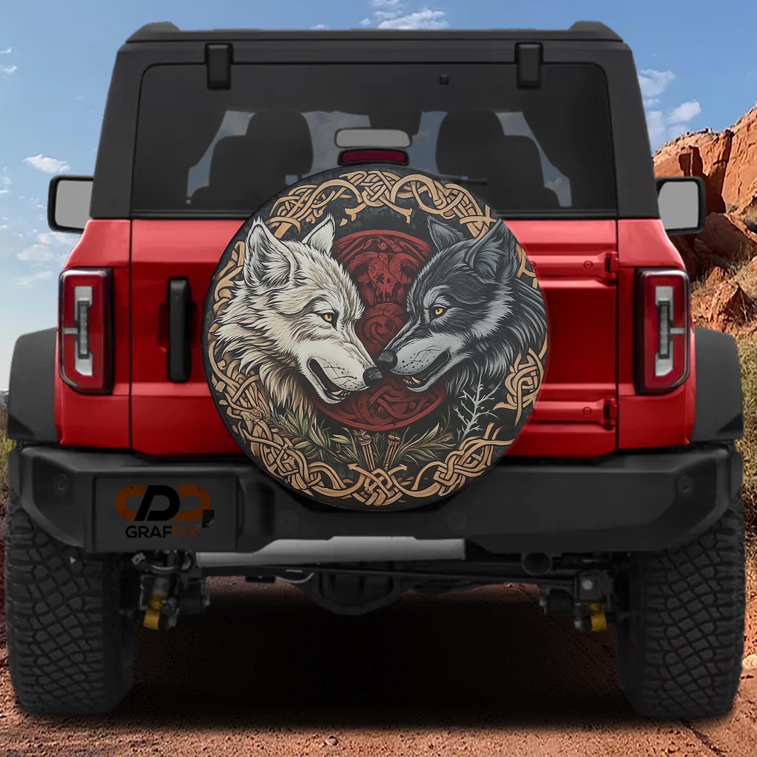 Skoll and Hati Viking wolves spare tire cover with Norse mythology design