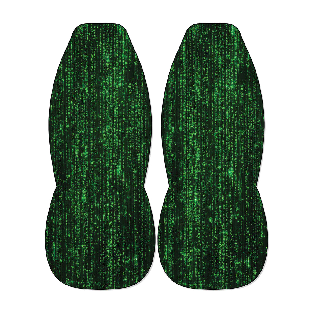 two green, abstract-patterned objects with a repeating, grid-like design.