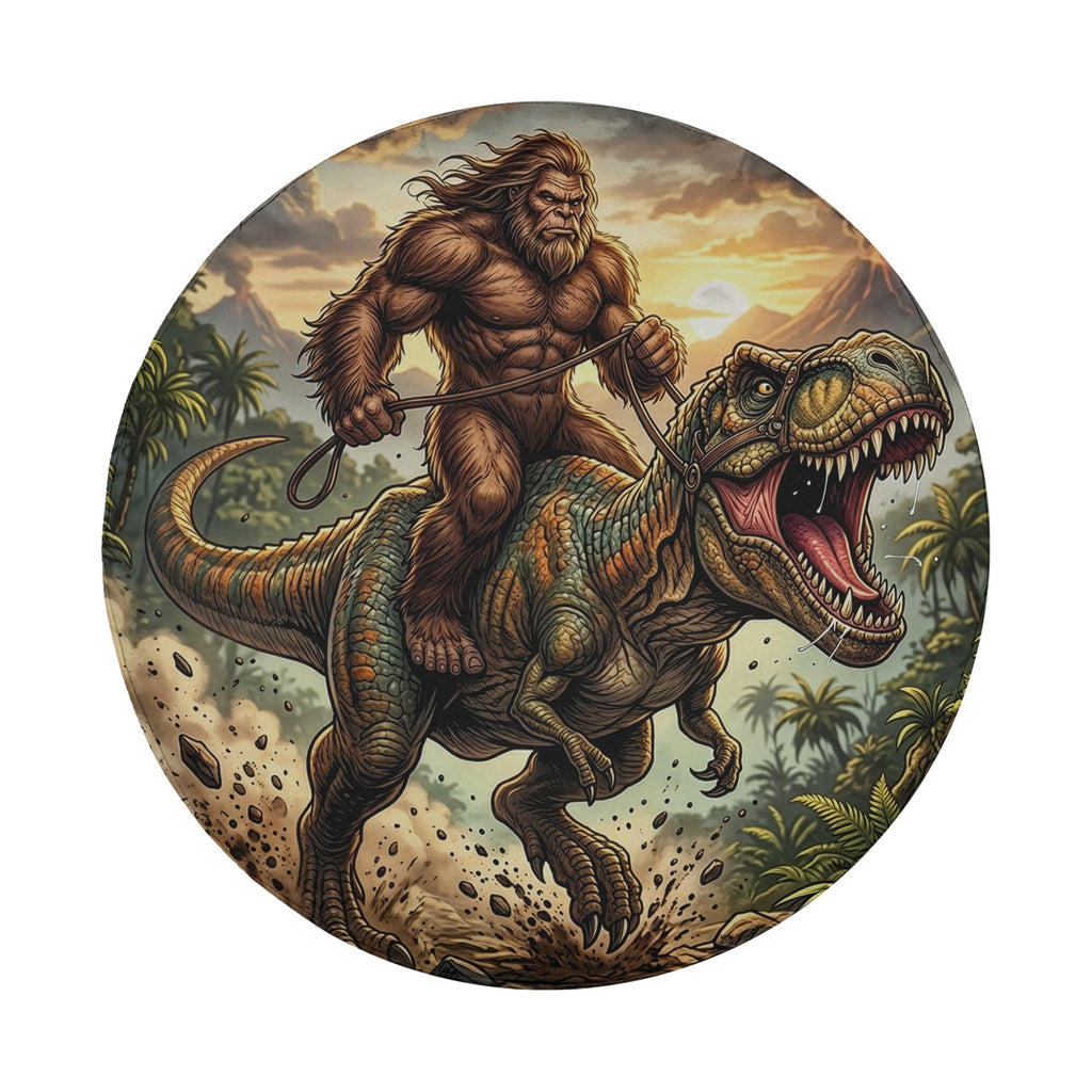 A large, hairy creature resembling a Sasquatch is riding a T-Rex in a jungle setting, with a man on the back of the T-Rex.