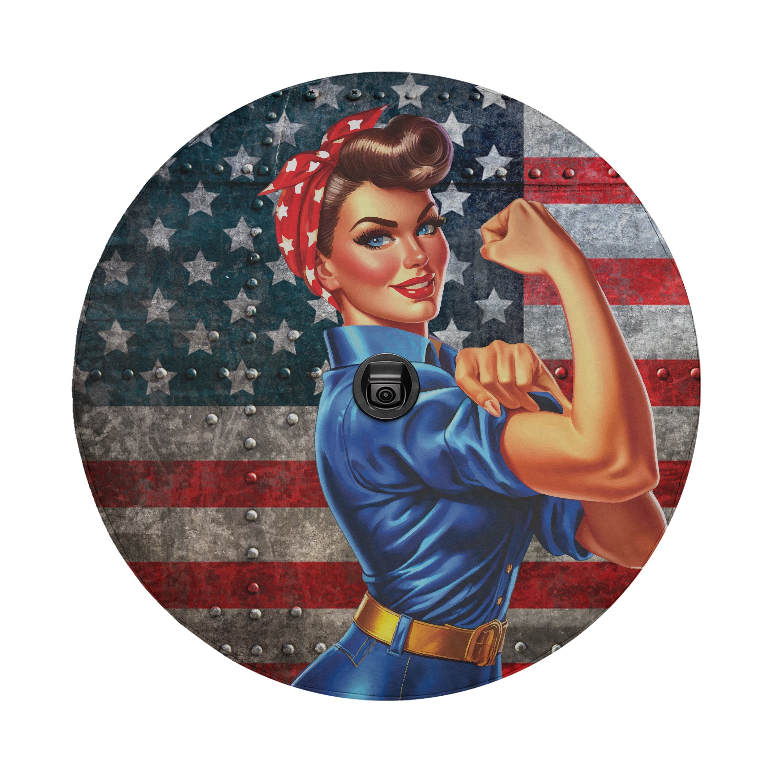 WWII Labor Woman spare tire cover flat detail of Rosie the Riveter flag with camera cutout hole