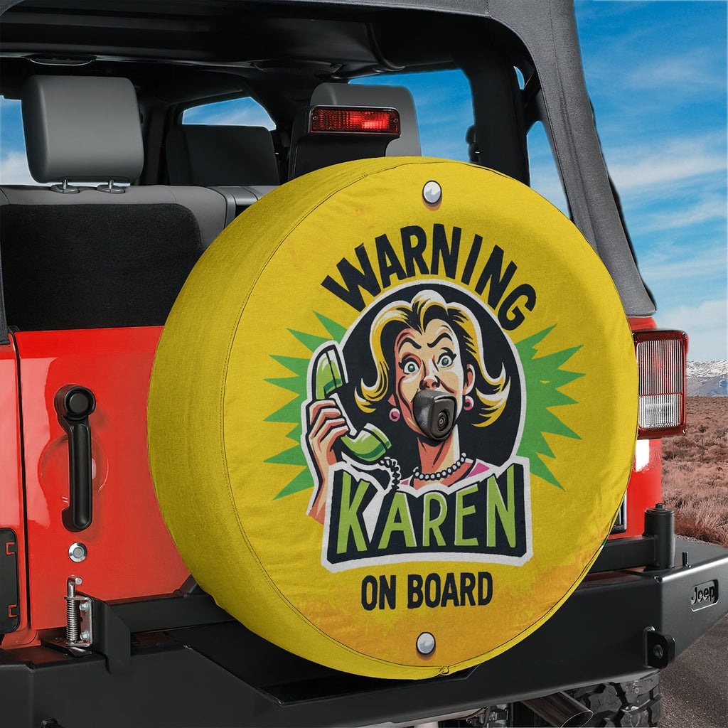 Warning Karen on Board spare tire cover Jeep Wrangler rear scene with yellow sign and cartoon Karen art