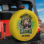 Warning Karen on Board spare tire cover Jeep Wrangler rear scene with yellow sign and cartoon Karen art