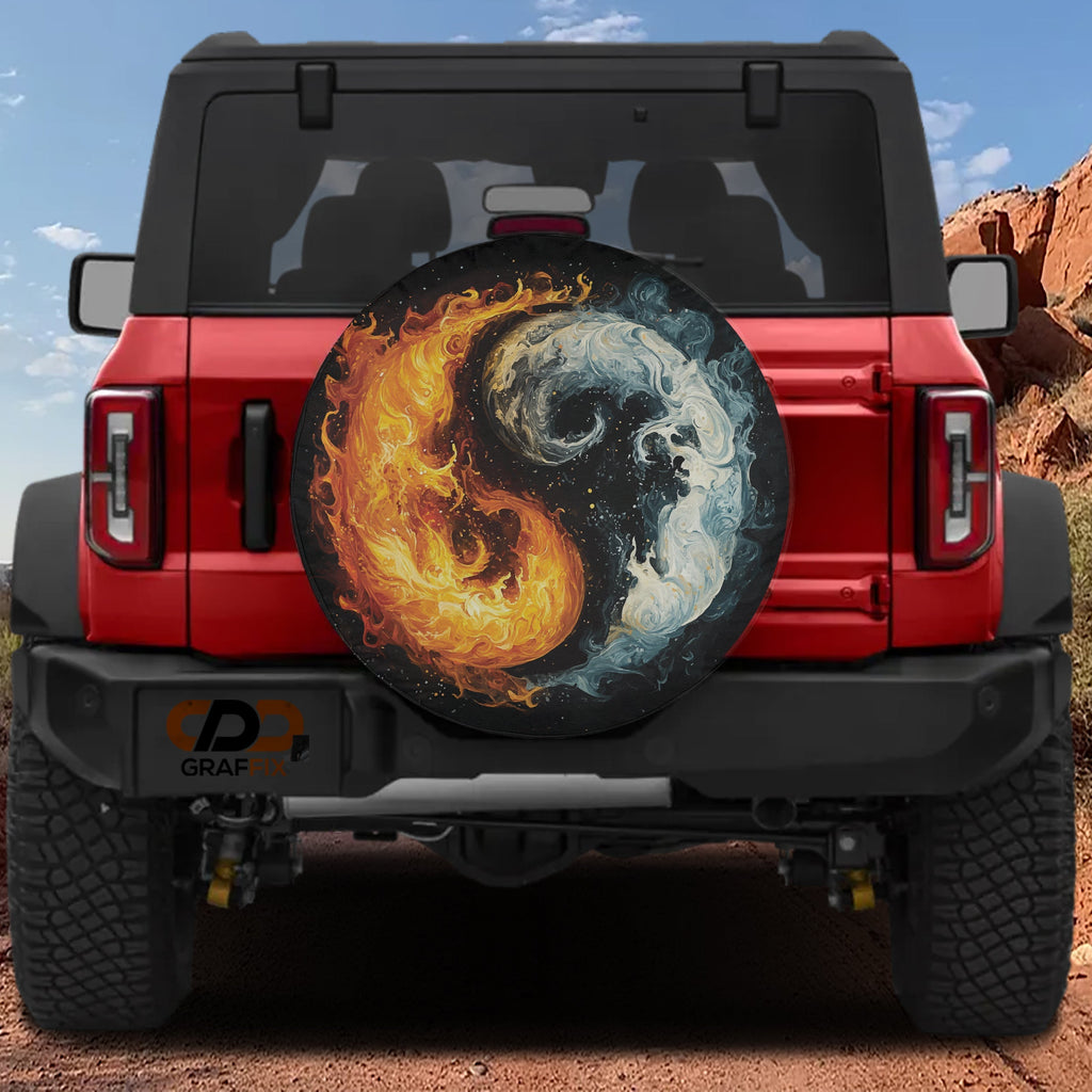 Fire and Ice Harmony spare tire cover on red Ford Bronco rear with orange flame and pale moon design