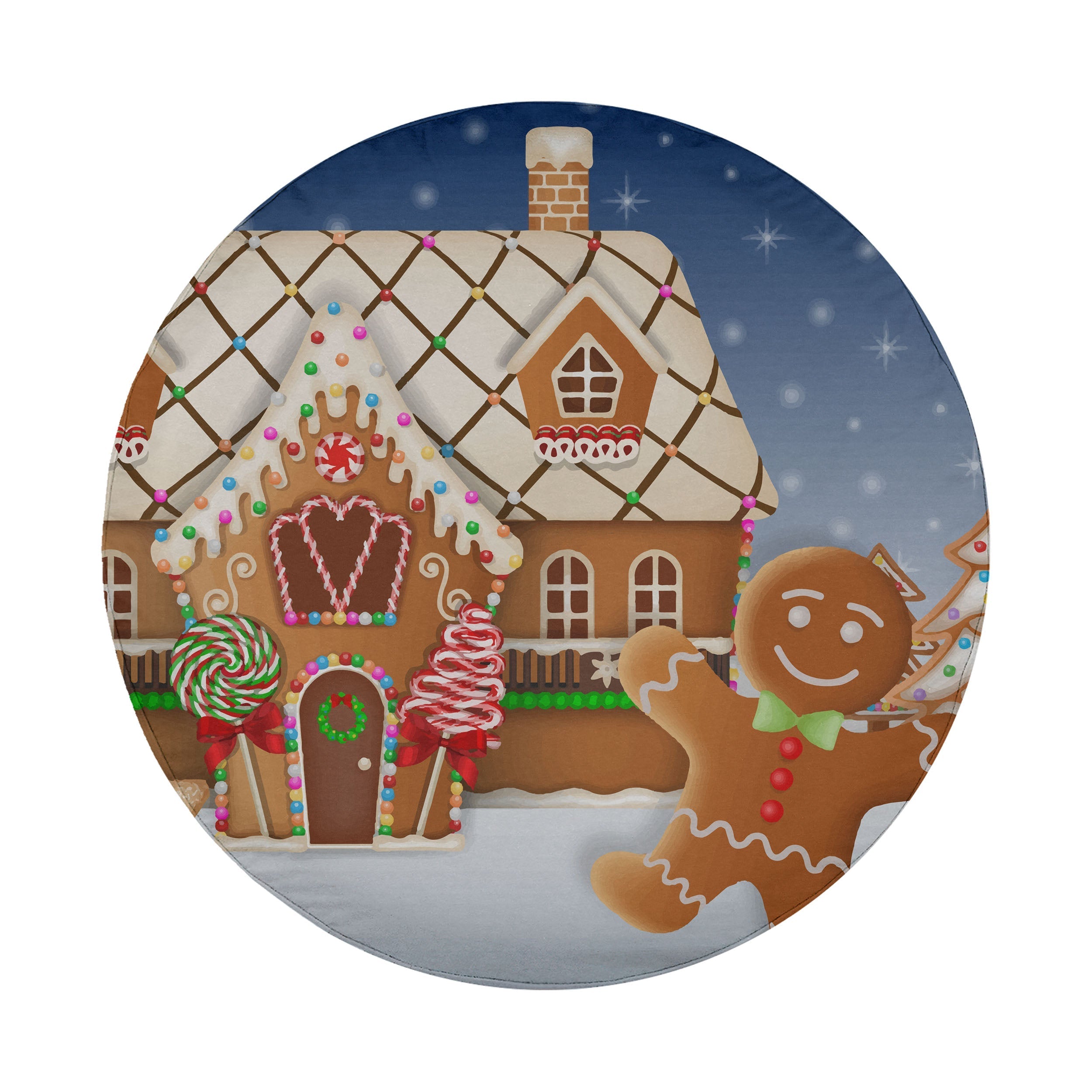Gingerbread house and waving cookie man on starry blue snow scene spare tire cover artwork only