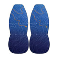 two blue bottles with a wavy pattern and orange lines on them.